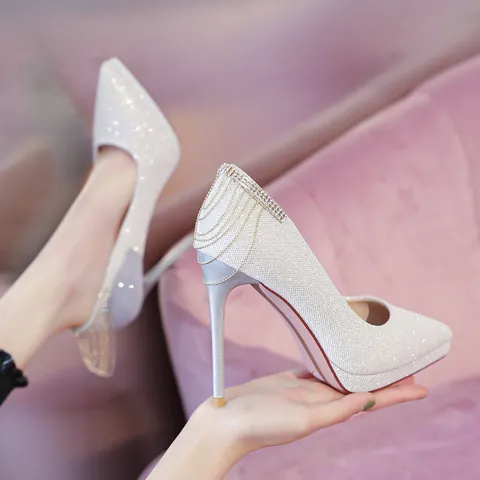 Damen Sexy Spitze Stöckelschuhe Strass Kette Quaste Plateau Einzelschuhe Elegante Bankett Party Hochzeit Pumps
