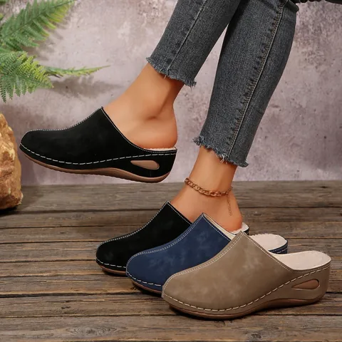 Women Closed Toe Mules Faux Suede Platform Wedge Slippers Warm Fur Lined Contrast Stitching Outdoor Casual Slip-on Shoes