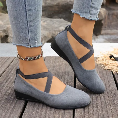 Mocassins Compensés en Suédine pour Femmes Bout Pointu Sangles Élastiques Croisées Chaussures de Marche Confortables Escarpins Compensés Décontractés