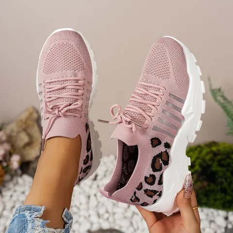 Baskets Vintage Respirantes en Mesh pour Femmes Imprimé Léopard Chaussures de Course Décontractées Mode Plateforme Grandes Pointures