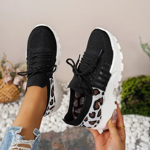 Baskets Vintage Respirantes en Mesh pour Femmes Imprimé Léopard Chaussures de Course Décontractées Mode Plateforme Grandes Pointures