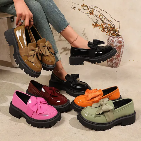 Damen Lackleder Loafer Britischer Retro Stil Dicke Profilsohle Freizeitschuhe Mit Schleifendekoration Für Mode Büro Arbeit