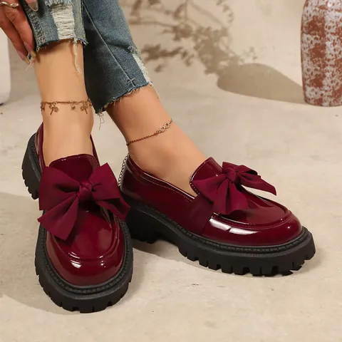 Women British Retro Bowknot Loafers Patent Leather Mid-Heel Platform Shoes Chunky Lug Sole Casual Slip-On Flat Shoes