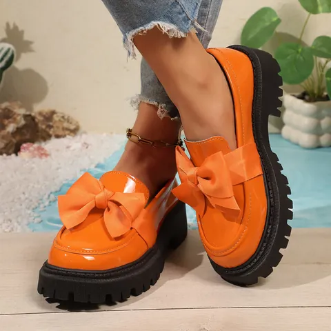 Women British Retro Bowknot Loafers Patent Leather Mid-Heel Platform Shoes Chunky Lug Sole Casual Slip-On Flat Shoes