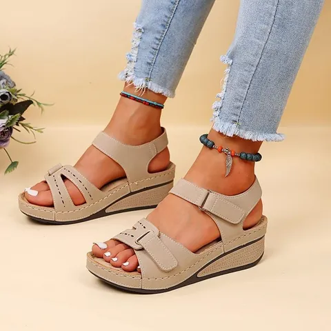 Sandalias de Cuña con Plataforma para Mujer PVC Corte Láser Boca de Pez Estilo Romano Zapatos con Correas de Velcro Ajustables Calzado de Verano