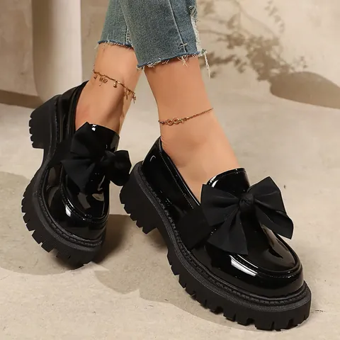 Damen Lackleder Loafer Britischer Retro Stil Dicke Profilsohle Freizeitschuhe Mit Schleifendekoration Für Mode Büro Arbeit