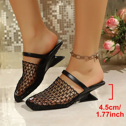 Women Square Toe Woven Wedge Sandals Hollow Out Slingback Summer Fashion High Heel Slippers Elegant Breathable Footwear