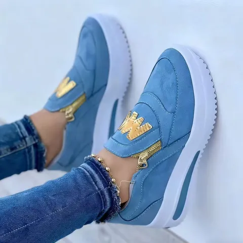 Scarpe Sportive Casual Platform da Donna Mocassini in Finta Pelle Scamosciata con Cerniera Laterale Punta Arrotondata Suola Spessa Sneakers alla Moda Decorazione Lettera in Metallo