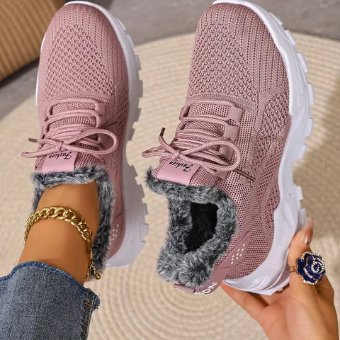 Damen Winter Warm Casual Sneaker Plüsch Gefüttert Schnüren Runde Zehe Einfarbig Weiche Sohle Outdoor Wanderschuhe Baumwollschuhe