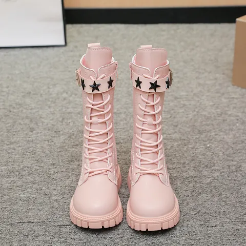 Girls Martin Boots PU Leather British Style Star Rivet Side Zipper Warm Non-Slip High Top Fashion Shoes For Kids