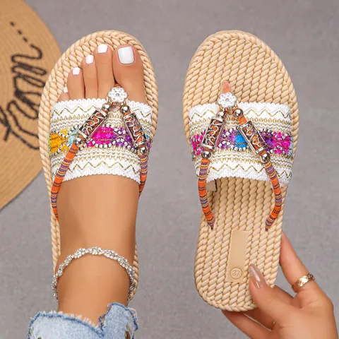 Chancletas de Plataforma Bohemias para Mujer Sandalias de Cuña de Paja Tejida Bordadas con Flores Suela Gruesa Zapatos de Playa