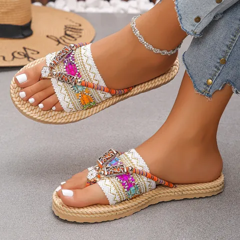 Chancletas de Plataforma Bohemias para Mujer Sandalias de Cuña de Paja Tejida Bordadas con Flores Suela Gruesa Zapatos de Playa