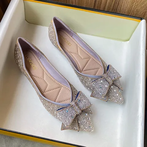 Microfiber Pointed Toe Flat Shoes For Women French Rhinestone Sequin Bow Shallow Mouth Soft Sole Large Size Ballet Flats