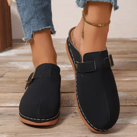 Women Fashion Wedge Clogs Closed Toe Sandals Suede PU Leather Mules Metal Buckle Contrast Stitching Casual Large Size Shoes