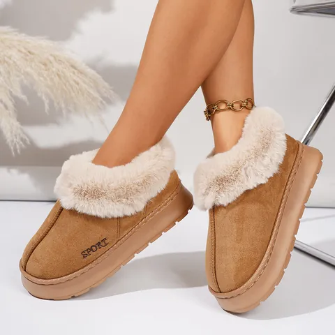 Women Winter Warm Slippers Thick Sole Faux Fur Lining Anti-Slip Outdoor Cotton Shoes Home Indoor Slides Plush Suede Soft Mules