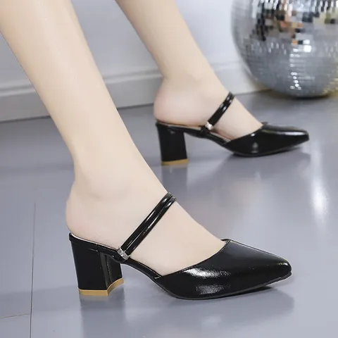 Women Pointed Toe Chunky Heels Sandals Elegant Backless Mules With Thin Straps PU Leather Slip On Office Dress Shoes