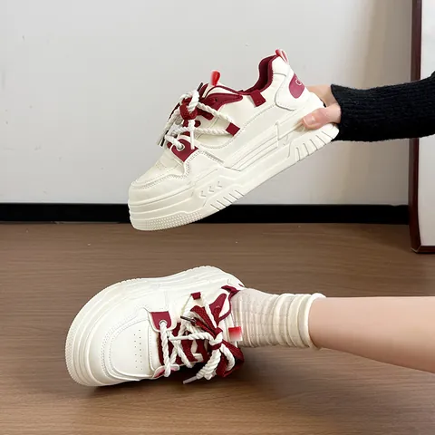 Women's Chunky Platform Dad Shoes Retro Round Toe Height Increasing Bread Shoes Casual Sporty Sneakers With Thick Laces