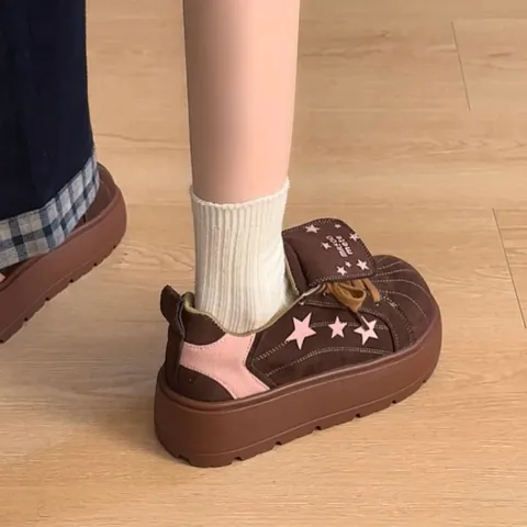 Zapatos de Plataforma Bread para Mujer con Patrón de Estrella Cordones Aumento de Altura Zapatillas Casuales de Cuero PU Suela de Caucho Calzado de Primavera Otoño