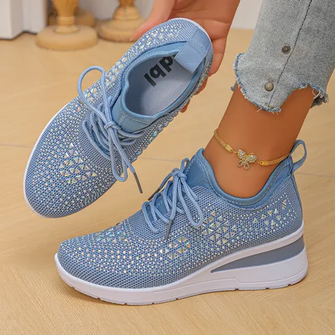 Zapatillas con Cuña de Flyknit Transpirables para Mujer Con Diamantes de Imitación Malla Brillante Cordones Zapatos de Caminar Casuales Para Moda Diaria Cómodo Zapatos Deportivos