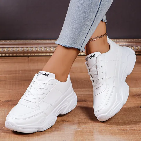 Women White Chunky Sneakers Thick Sole Platform Dad Shoes Breathable Lace Up Casual Sport Walking Shoes Low Top Footwear