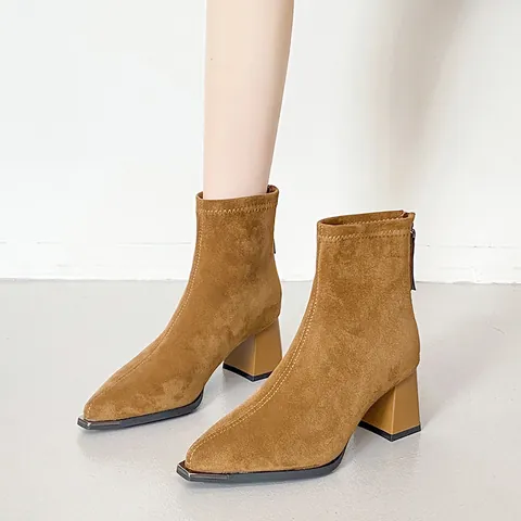 Women Suede Ankle Boots Pointed Toe Chunky High Heel Fashion Elastic Sock Boots With Back Zipper Metal Toe Decor Shoes