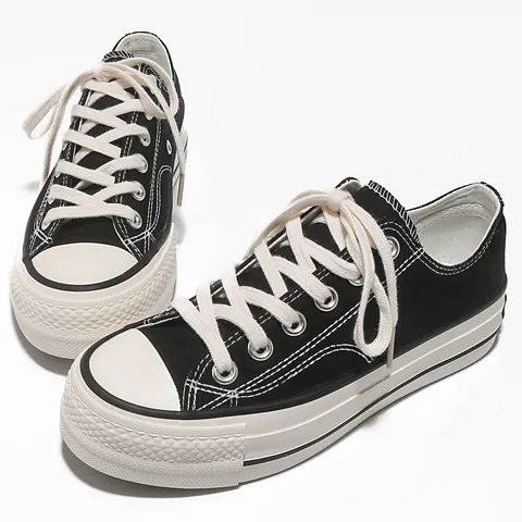 Women Fashion Platform Canvas Shoes Low Top Lace Up Solid Color Breathable Casual Board Shoes Outdoor Walking Sneakers