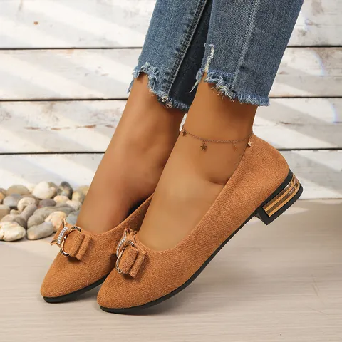 Elegante Dames Imitatiesuède Ballerina's Spits met Strik Strass Lage Hak Mode Lage Instap Casual Schoenen