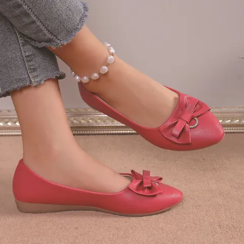 Women Pointed Toe Flat Loafers Fashion Bow Rhinestone Casual Slip-on Shoes PU Leather Large Size Ladies Comfort Dress Shoes