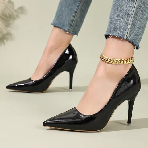 Women's Pointed Toe Stiletto High Heels Patent Leather Shallow Mouth Fashion Pumps Large Size Office Party Dress Shoes