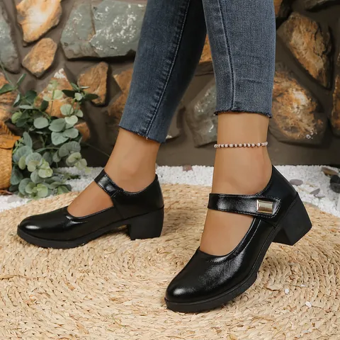 Women Mary Jane Shoes PU Leather Chunky Heel Office Dress Shoes With Square Buckle Comfortable Casual Walking Shoes