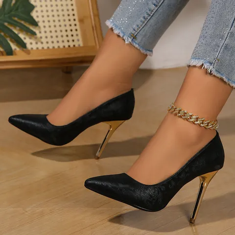 Elegant Pointed Toe Stiletto High Heels for Women 2025 Autumn New Floral Printed Pumps with Gold Metallic Thin Heel Party Banquet Office Slip-On Dress Shoes