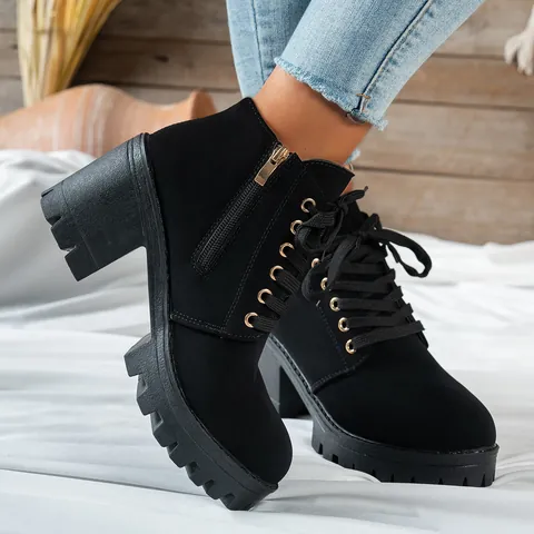 British Style Chunky High Heel Ankle Boots Women Suede Round Toe Lace Up Side Zipper Knight Boots Fashion Autumn Winter Boots