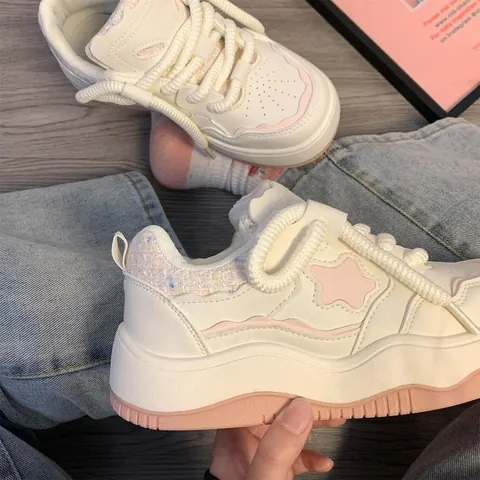 Women Platform Sneakers Heightening Star Pattern Board Shoes Chunky Rope Laces Synthetic Leather Rubber Sole Casual Shoes