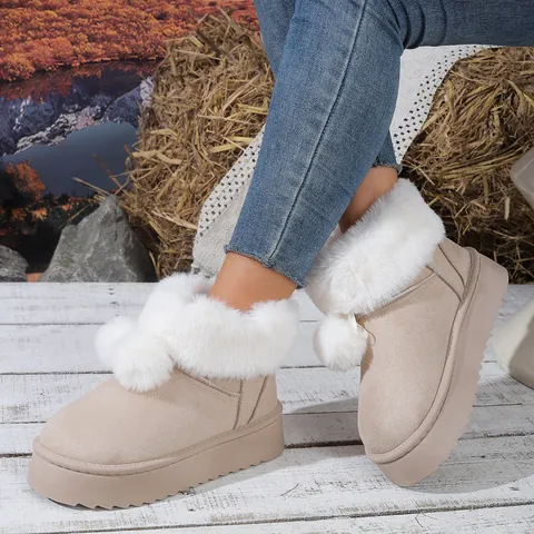 Botas de Nieve Cálidas de Invierno para Mujer Gamuza Plus Terciopelo Grueso Borde de Piel Botines Pompones Suaves Cálidos Zapatos de Algodón Antideslizantes