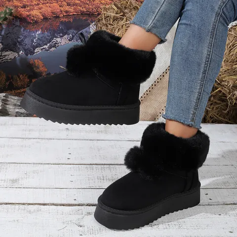 Botas de Nieve Cálidas de Invierno para Mujer Gamuza Plus Terciopelo Grueso Borde de Piel Botines Pompones Suaves Cálidos Zapatos de Algodón Antideslizantes