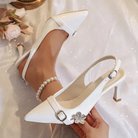 Women Sexy Pointed Toe Slingback Pumps Patent Leather Stiletto Heels With Metal Buckle Daily Casual Fashion High Heel Shoes
