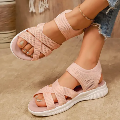 Women's Casual Flat Sandals Breathable Mesh Knit Cross Straps Roman Style Lightweight Sporty Summer Comfort Sandals Large Size