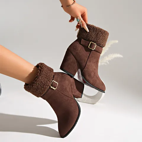 Women Ankle Boots Faux Suede Plush Cuff Block High Heel Side Zipper Buckle Solid Color Warm Winter Casual Cotton Shoes