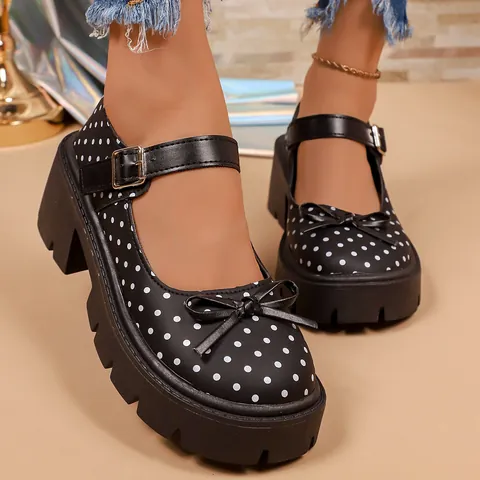 Zapatos Mary Jane Vintage Francés para Mujer con Lunares Suela Gruesa Aumento de Altura Mocasines Lazo Correa con Hebilla Casual