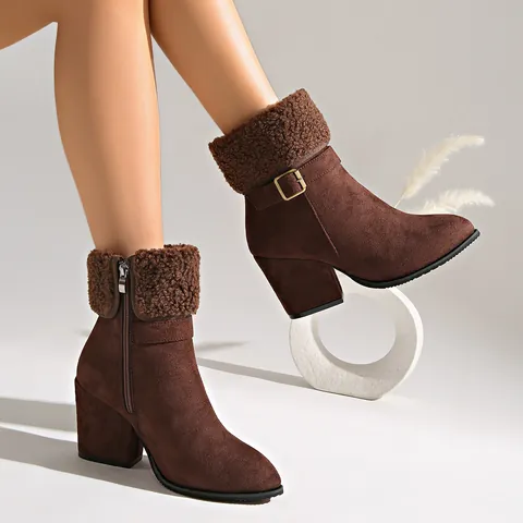 Women Ankle Boots Faux Suede Plush Cuff Block High Heel Side Zipper Buckle Solid Color Warm Winter Casual Cotton Shoes