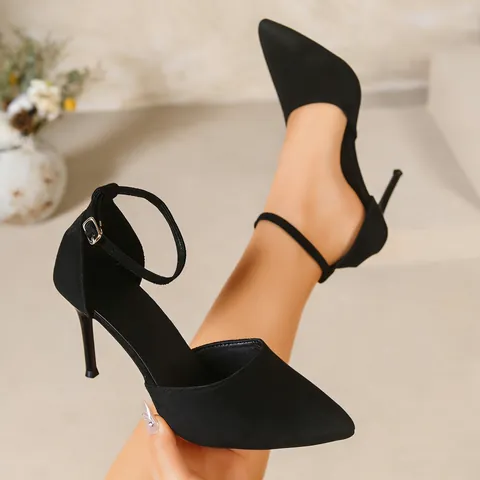 Damen Sandaletten Französischer Stil Spitz Zulaufend High Heel Schwarz Wildlederimitat PU Leder Knöchelriemen Hohl Stöckelschuhe