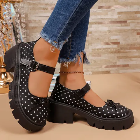 Zapatos Mary Jane Vintage Francés para Mujer con Lunares Suela Gruesa Aumento de Altura Mocasines Lazo Correa con Hebilla Casual