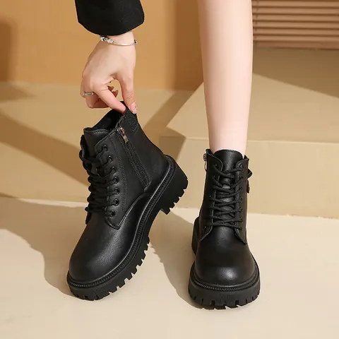 Botas Martin con Plataforma para Mujer Estilo Británico Cuero PU Cordones Cremallera Lateral Zapatos Cálidos de Invierno