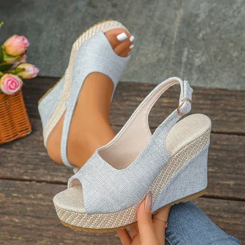 Sandali con Zeppa da Donna Spuntata Stile Bohémien in Juta Intrecciata Sandali alla Schiava per Vacanze Estive Scarpe con Tacco