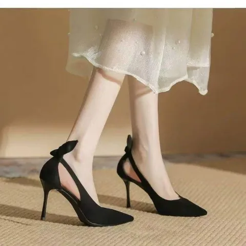 Scarpe con Tacco a Spillo Sexy da Donna Punta Affusolata in Camoscio con Fiocco Sandali a Punta Chiusa Ritagli Laterali Décolleté per Festa