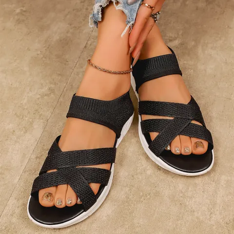 Women's Casual Flat Sandals Breathable Mesh Knit Cross Straps Roman Style Lightweight Sporty Summer Comfort Sandals Large Size