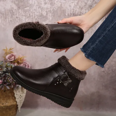 Dames Winter Sneeuwlaarzen PU Leer Verdikte Imitatiebont Voering Warme Laarzen Zijrits Strass Decor Antislip Schoenen