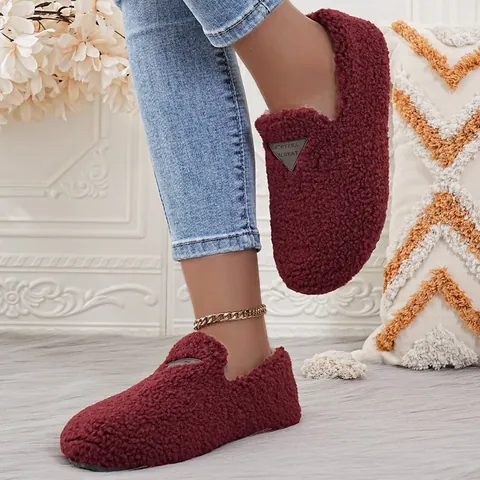 Γυναικεία Casual Λούτρινα Μοκασίνια με Επένδυση Fleece Επίπεδα Στρογγυλή Μύτη Βαμβακερά Παπούτσια Ζεστά Χειμερινά Παντοφλάκια