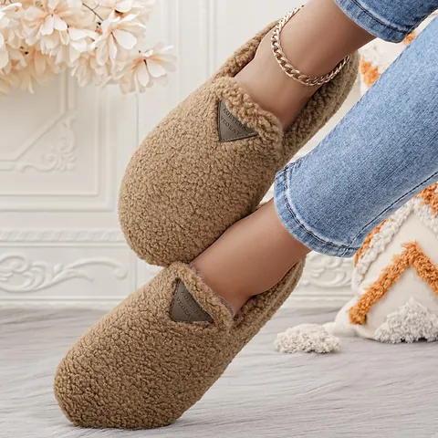 Γυναικεία Casual Λούτρινα Μοκασίνια με Επένδυση Fleece Επίπεδα Στρογγυλή Μύτη Βαμβακερά Παπούτσια Ζεστά Χειμερινά Παντοφλάκια