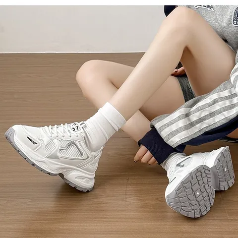 Women Thick Sole Mesh Sneakers 2026 Spring Fashion Height Increasing Casual Student Running Shoes Breathable Lace Up Chunky Sneakers